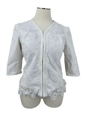 Lauren Ralph Lauren White Denim Jacket with Crochet Lace-Trim Women's Plus Size